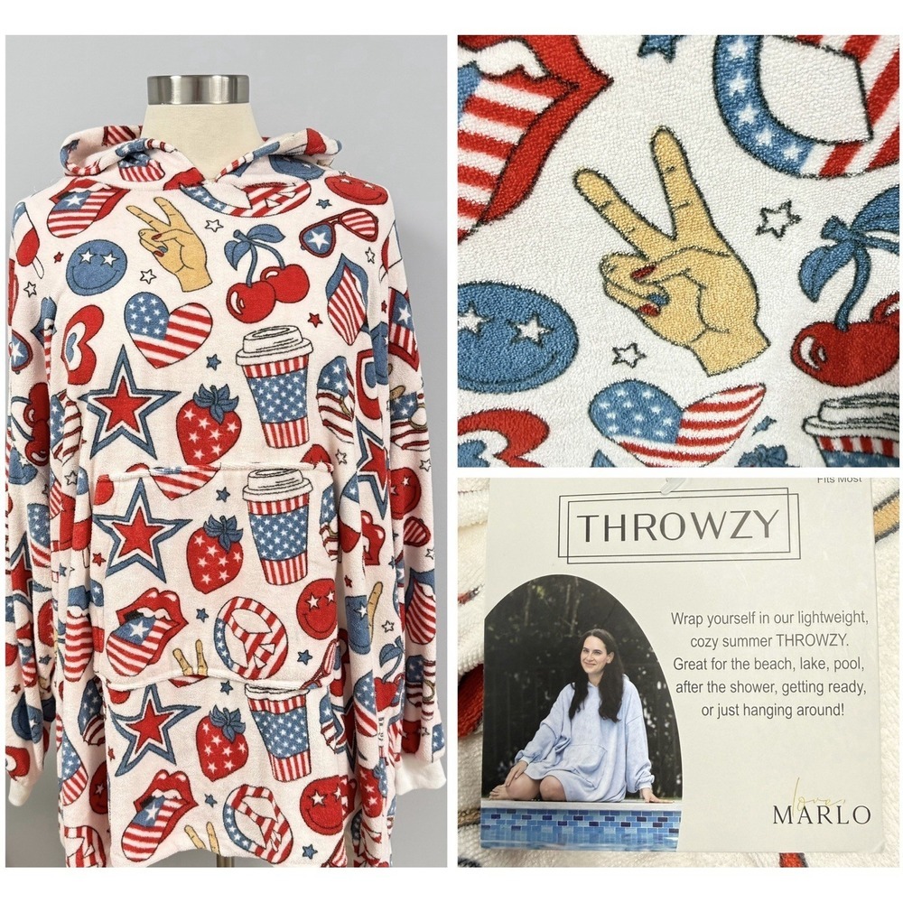 NWOT Throwzy Marlo Lorenz Lightweight Summer Terry Cover Up Americana Print O/S